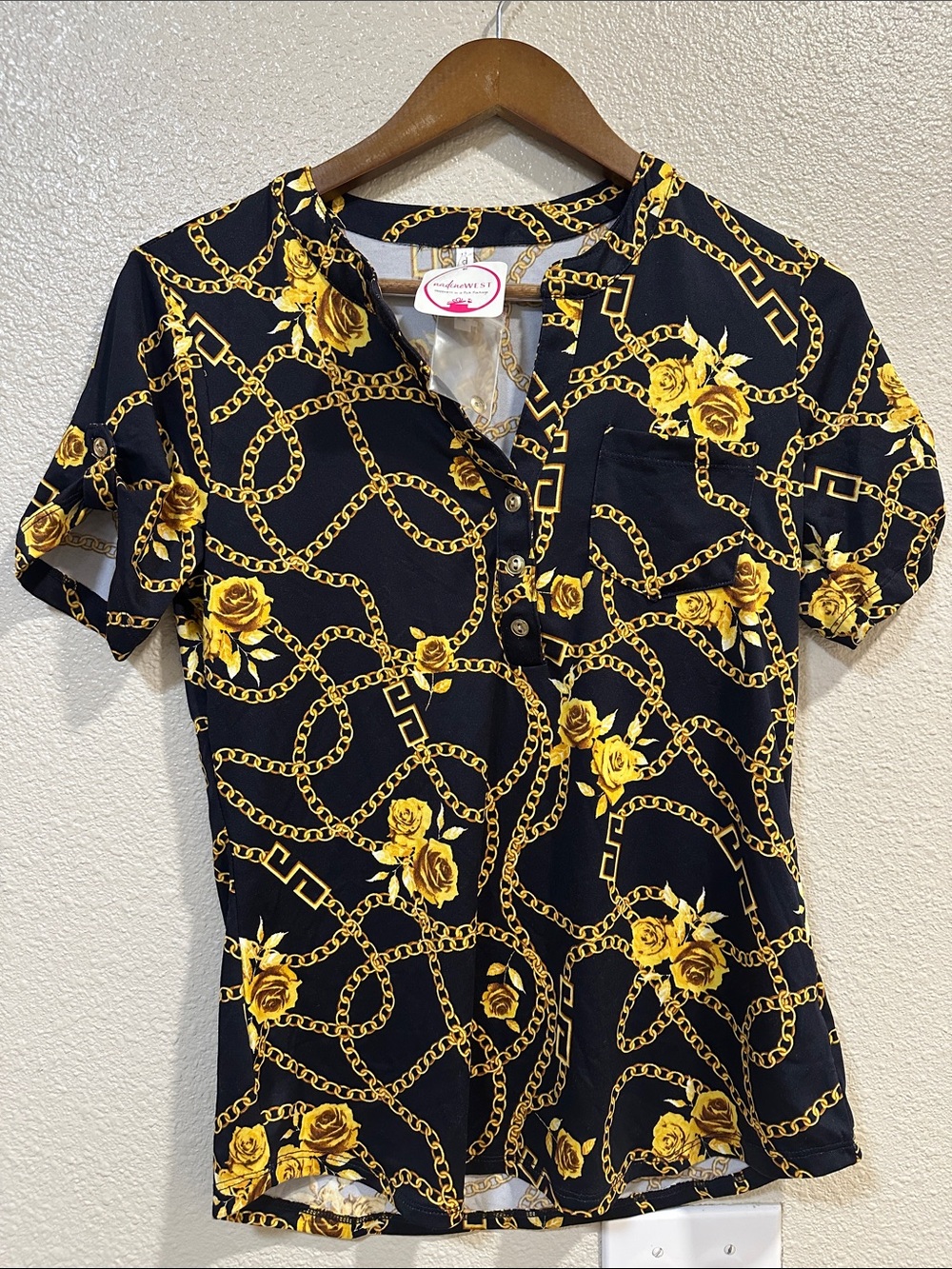 DNA couture Black Short Sleeve Top with Yellow Chain & Rose Print